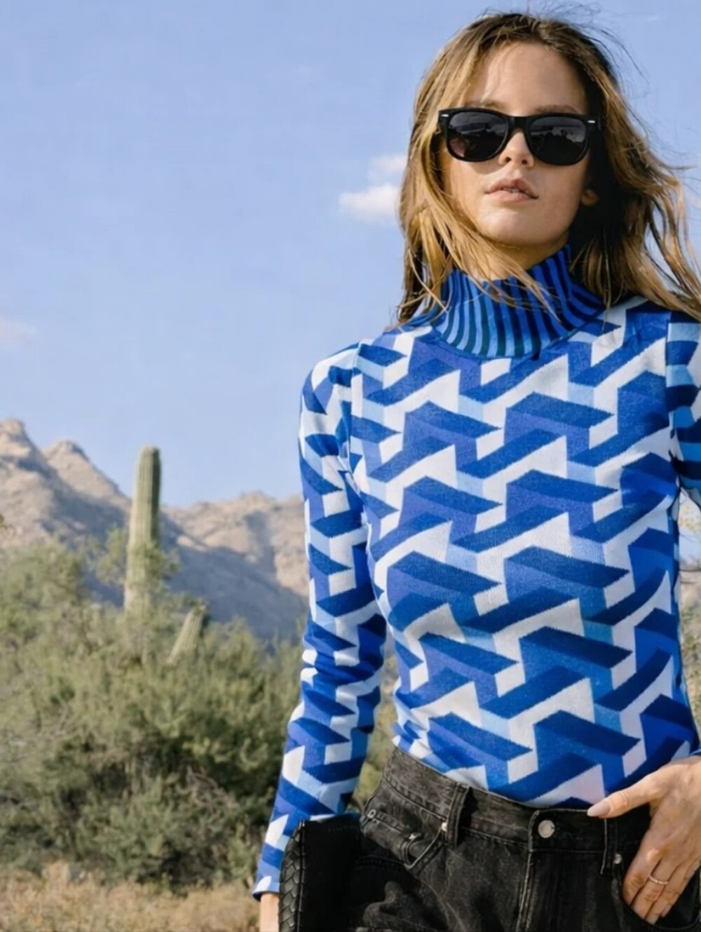 Torn By Ronny Kobo Blue Geometric Patterned Reine Mockneck Top